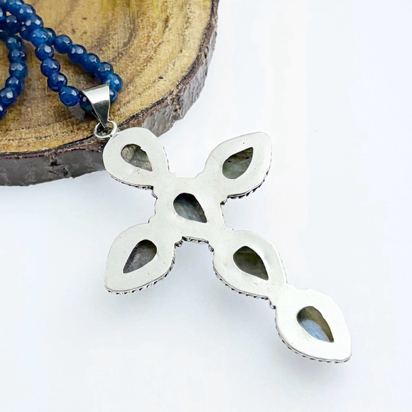 XXL Labradorite Cross Pendant Kyanite Necklace Southwest Sterling 925 Overlay - Picture 4 of 6